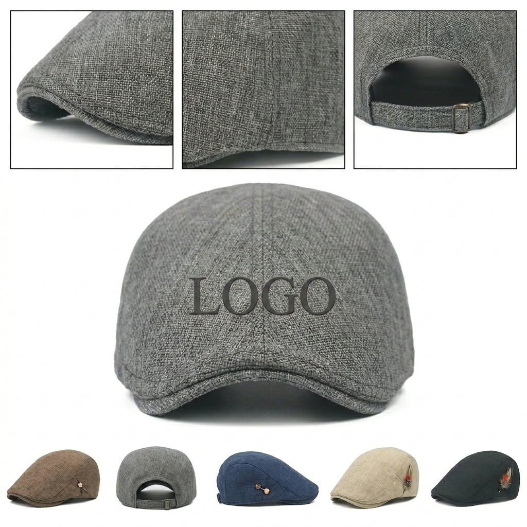 Men's Classic Grey Flat Cap with Adjustable Metal Buckle Strap
