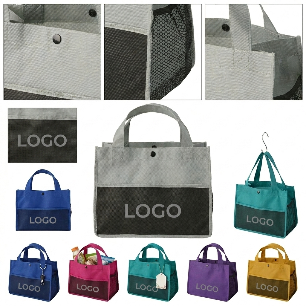 Foldable Hidden-Buckle Non-Woven Lunch Tote Bag with Multiple Pockets