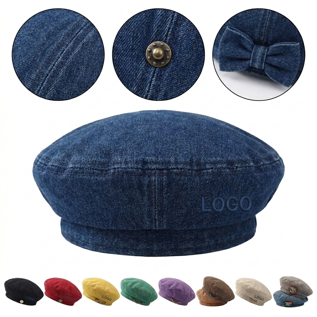 Classic Blue Denim Painter's Beret - Unisex Retro Hat