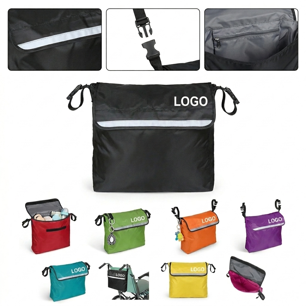 Durable 420D Polyester Wheelchair Storage Bag with Large Pouch and Safety Strip