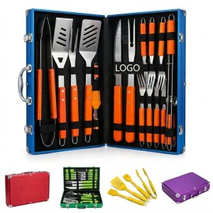 26PCS Professional Heavy-Duty Stainless Steel BBQ Grill Tool Set with Hanging Rings