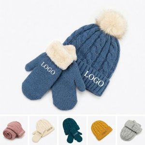Thermal Knit Beanie and Mittens Set in Blue/Beige