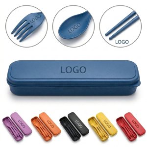 Eco-Friendly Wheat Straw Cutlery Set with Fork, Spoon & Chopsticks in Travel Case