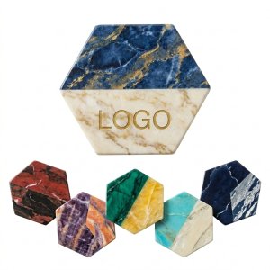Hexagonal Marble-Effect Ceramic Coaster Set with Cork Base